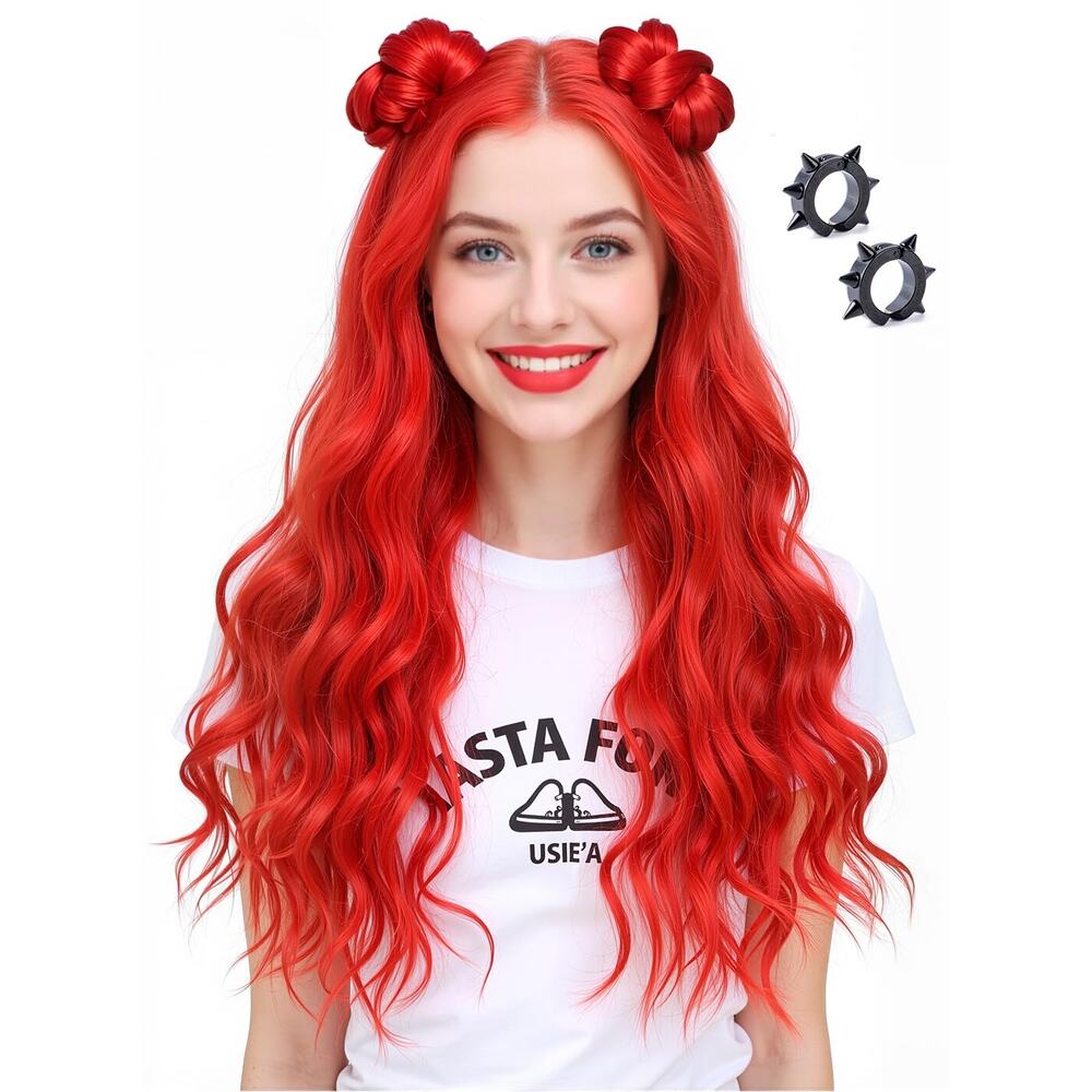 Long Red Curly Cosplay Wig with Buns & Earrings – Halloween Costume Wig